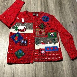 Vintage Red Embroidered Festive Holiday Cardigan Sz M Ugly Christmas Sweater